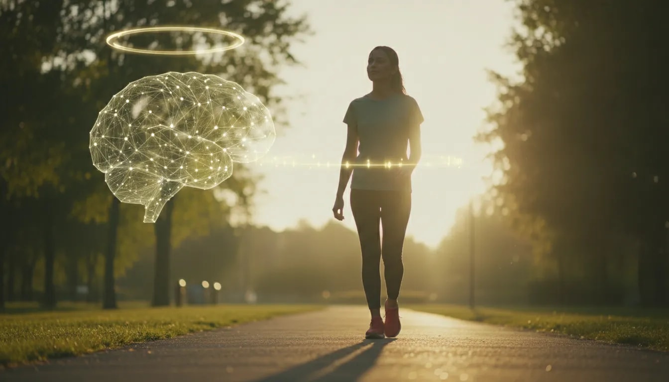 Persona caminando al amanecer con un halo luminoso en forma de cerebro que simboliza cómo el ejercicio mejora el pronóstico cerebral