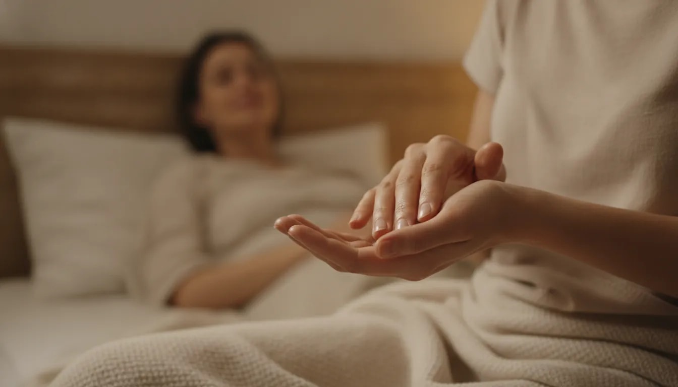 Persona realizando masaje ayurvédico nocturno con aceite tibio en las palmas para ayudar a dormir mejor