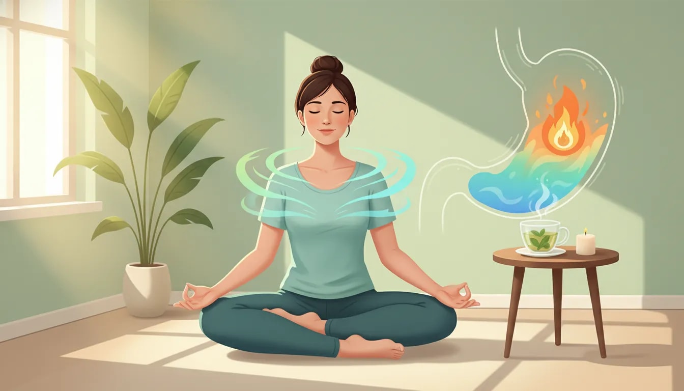 Persona meditando y practicando respiración profunda para reducir el estrés y calmar la acidez (enfoque ayurvédico)