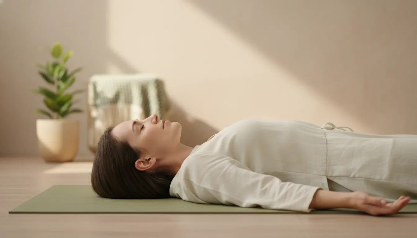 Persona en Savasana acostada boca arriba relajando el cuerpo boca arriba durante 10 a 15 minutos