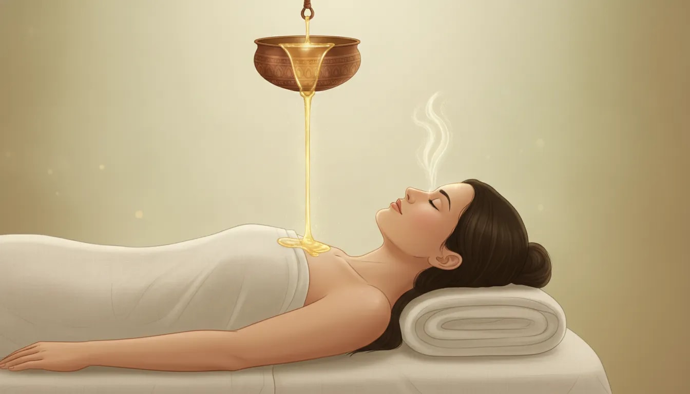 Ilustración serena de shirodhara ayurvédico con un hilo continuo tibio que cae sobre la frente de una persona con ojos cerrados en un ambiente de spa.