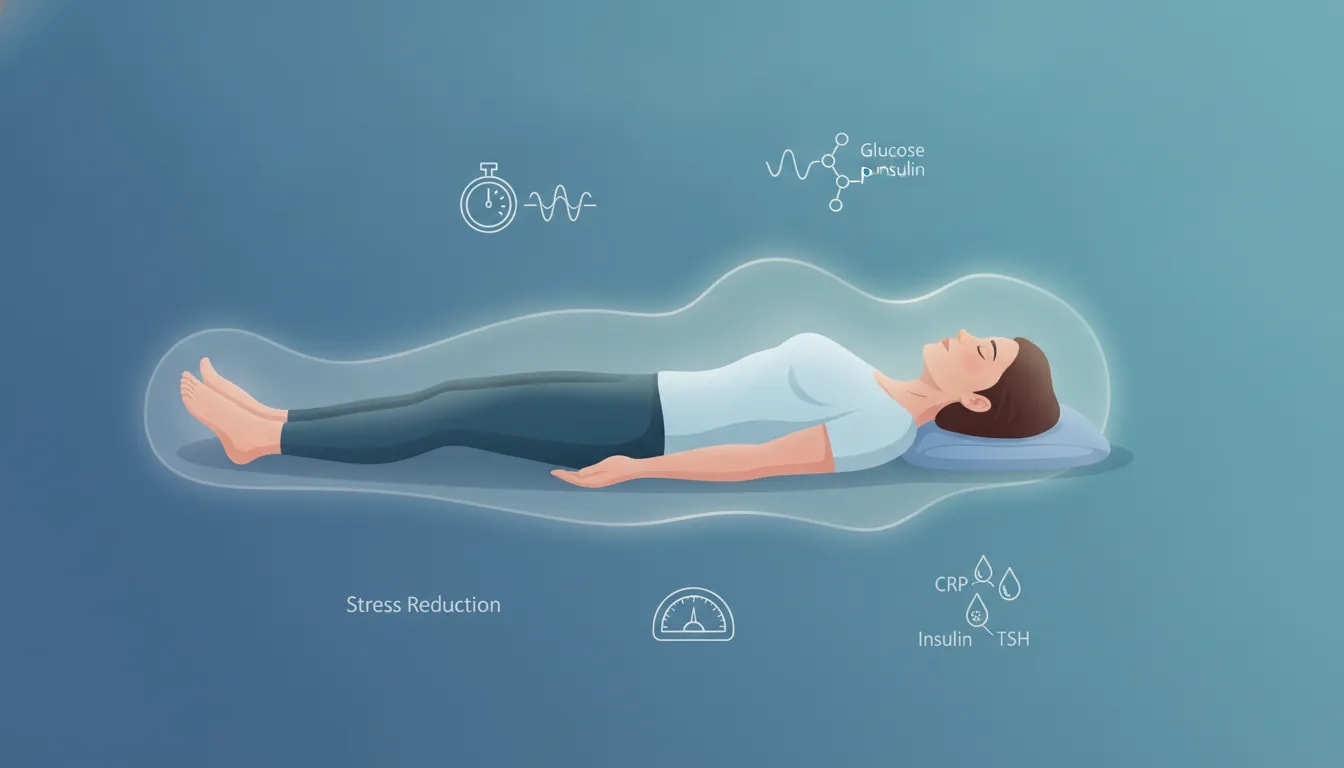 Persona en Yoga Nidra con iconos de biomarcadores: presión arterial, estrés, CRP, glucosa, insulina y TSH