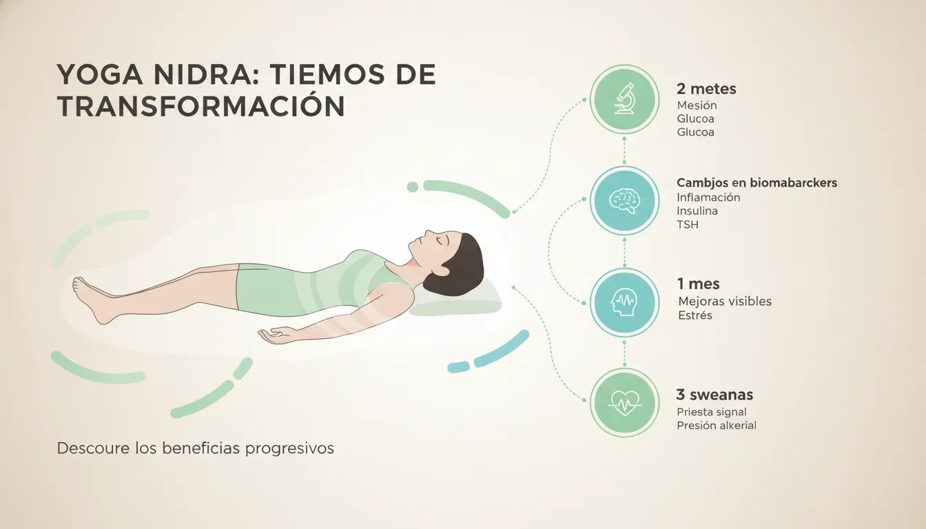Línea de tiempo de resultados del Yoga Nidra: primeras señales en 3 semanas, mejoras de estrés y presión arterial en 1 mes y cambios en biomarcadores tras 2 meses
