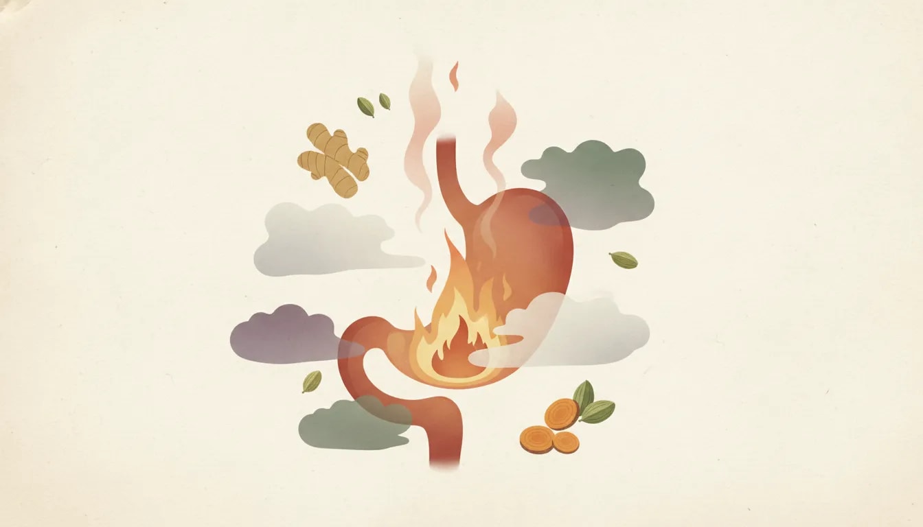 Ilustración ayurvédica de Agni alterado con fuego digestivo debilitado, sensación de pesadez y simbolismo de Ama