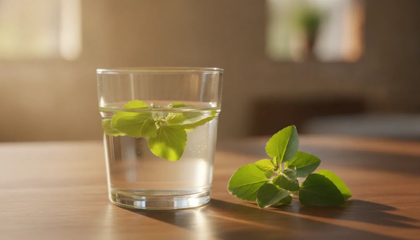Vaso con agua infusionada con hojas de brahmi preparado para beber por la mañana
