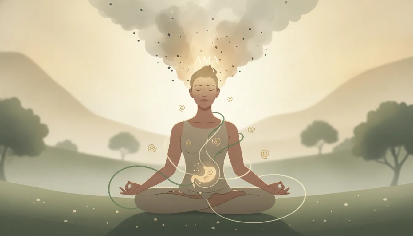 Ilustración de Ayurveda que muestra la niebla mental (Ama) disipándose y dando claridad en la mente