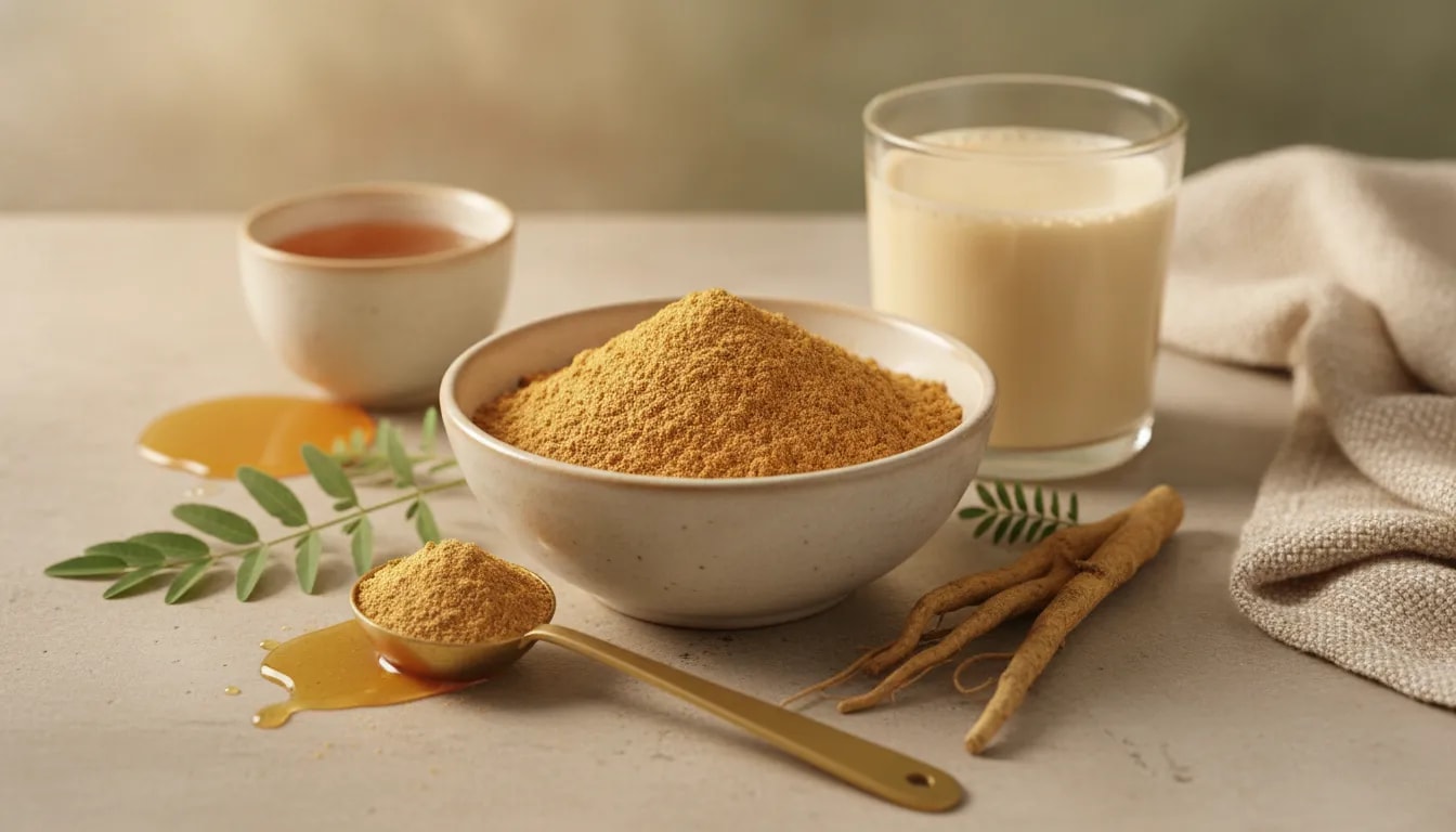 Ashwagandha ayurvédica en polvo con miel o leche tibia para calma, energía y enfoque