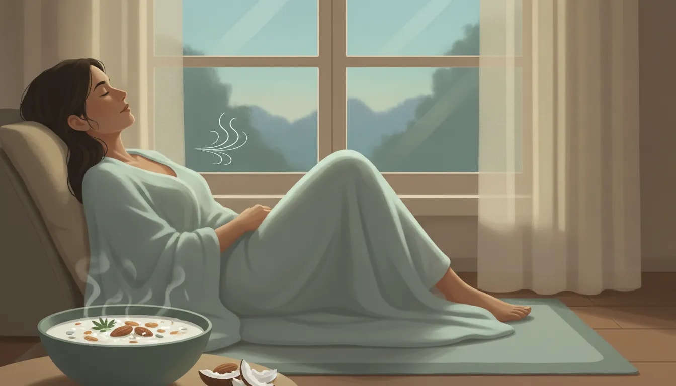 Cuenco de arroz con coco y almendras junto a una persona en calma con luz nocturna suave, simbolizando frescor y respiración para equilibrar el calor y la sequedad según Ayurveda