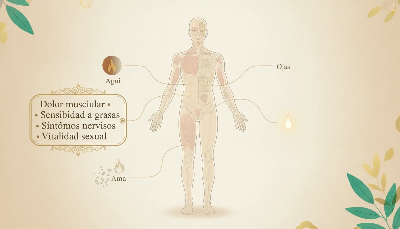 Ilustración ayurvédica que muestra cómo diferentes síntomas (dolor muscular, sensibilidad a grasas, sistema nervioso y vitalidad sexual) orientan la evaluación de distintos dhatus sin tratarlos como iguales