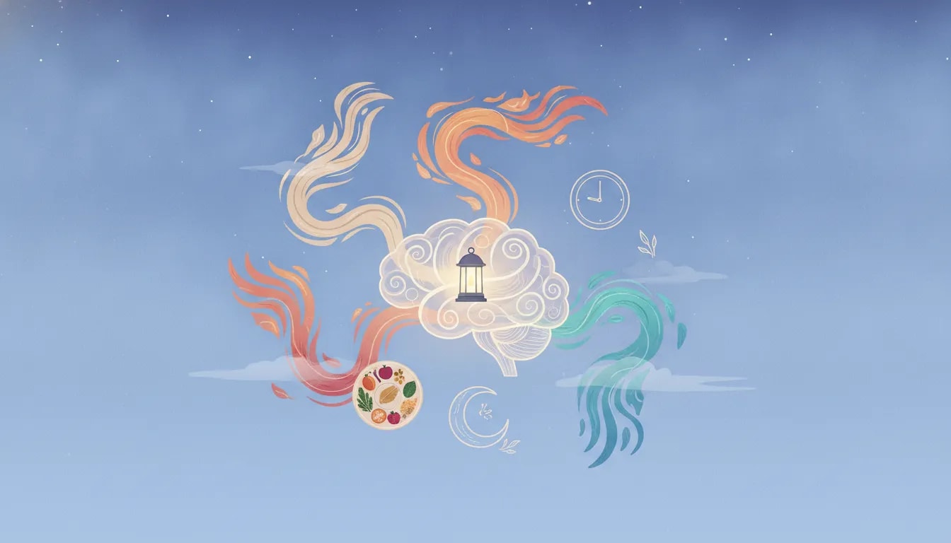Ilustración que representa cómo la alimentación y la rutina ayurvédica equilibran Vata, Pitta y Kapha para mejorar la claridad mental