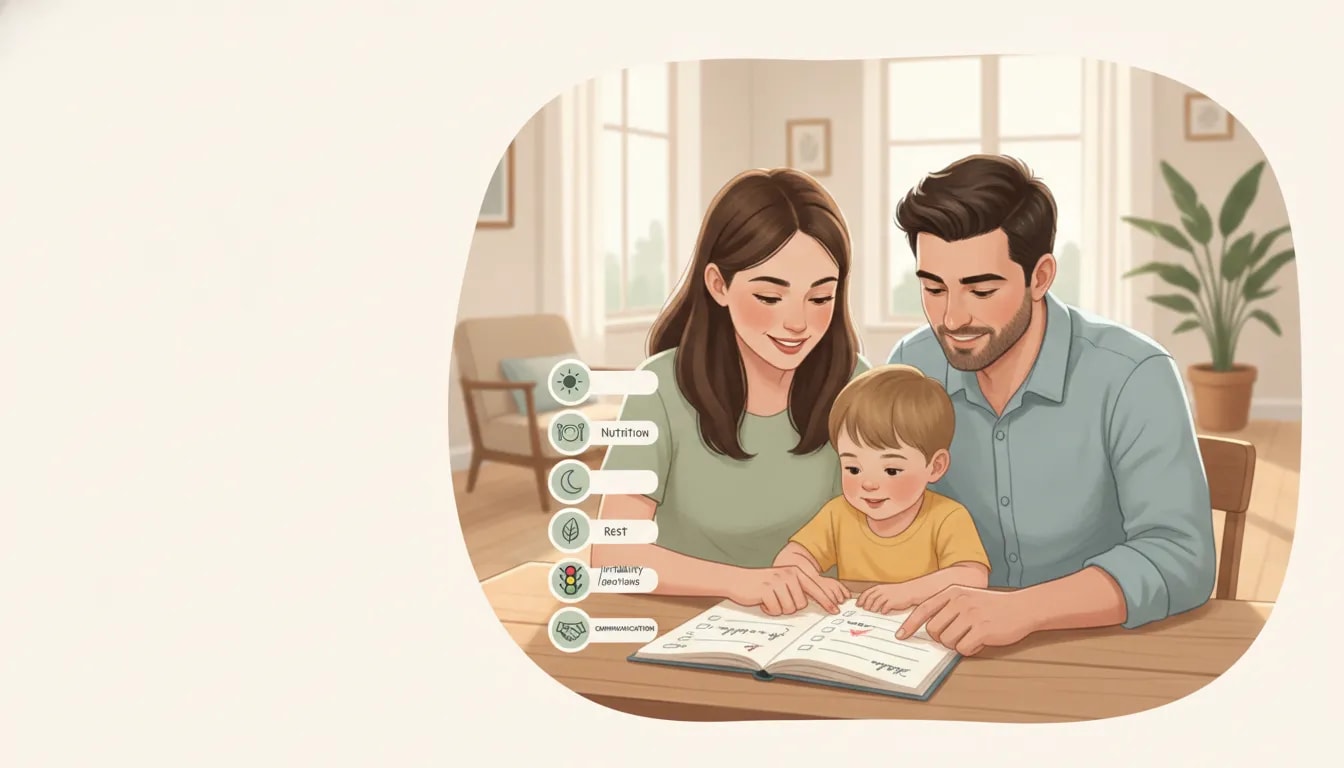 Familia revisando un registro semanal tipo checklist para apoyar con Ayurveda el sueño, la alimentación y la comunicación de un niño