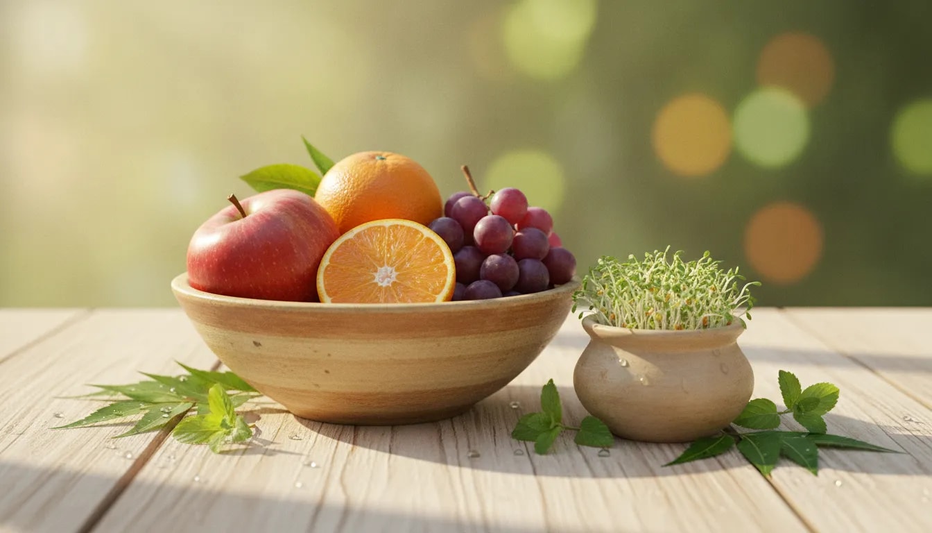 Frutas frescas y brotes (germinados) para apoyar una depuración suave según Ayurveda