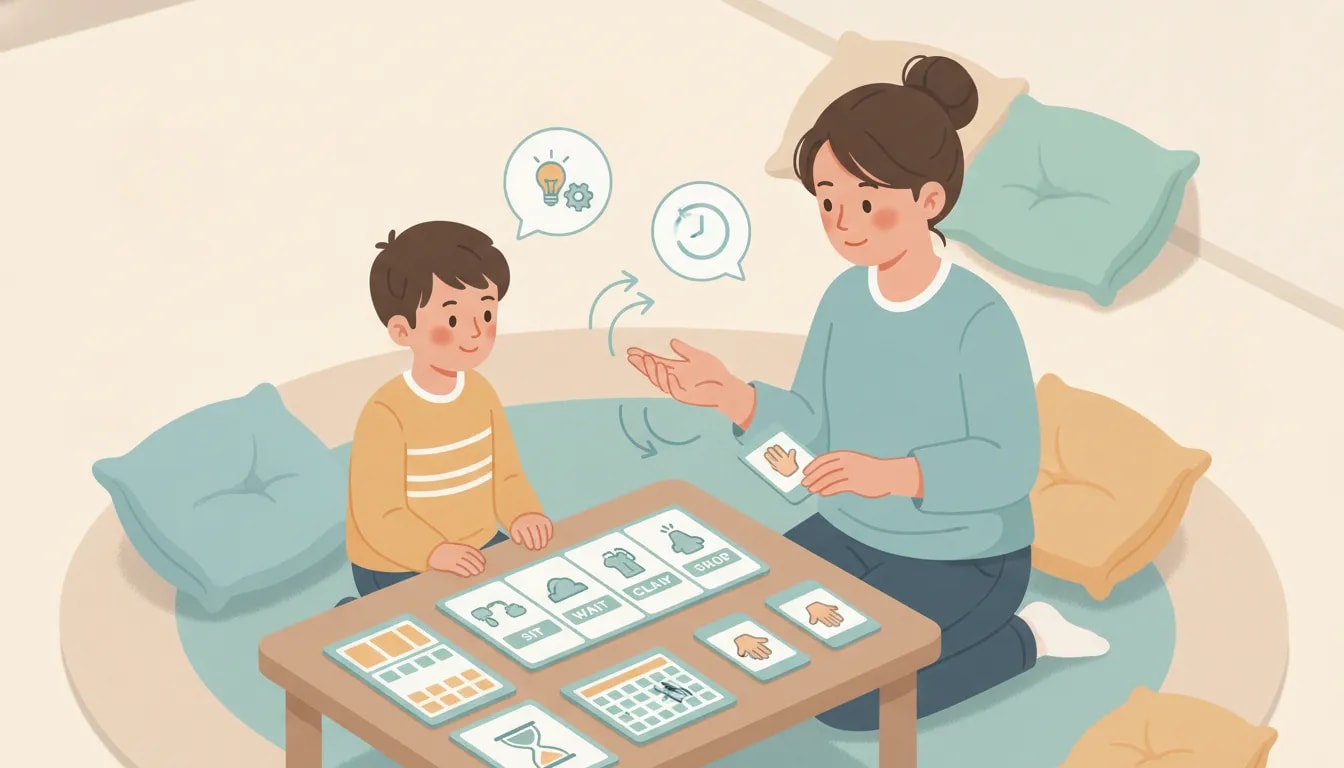 Ilustración de lenguaje receptivo con pictogramas y gestos para ayudar a un niño con TEA a comprender instrucciones