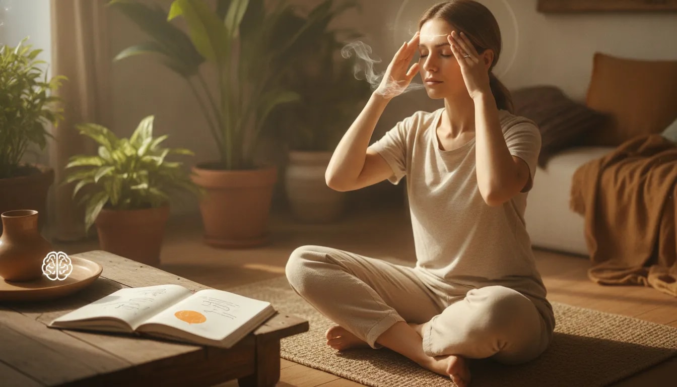 Persona meditando con respiración tranquila y gesto suave en la frente, símbolo de calma mental y necesidad de valoración profesional ante cambios persistentes en la memoria