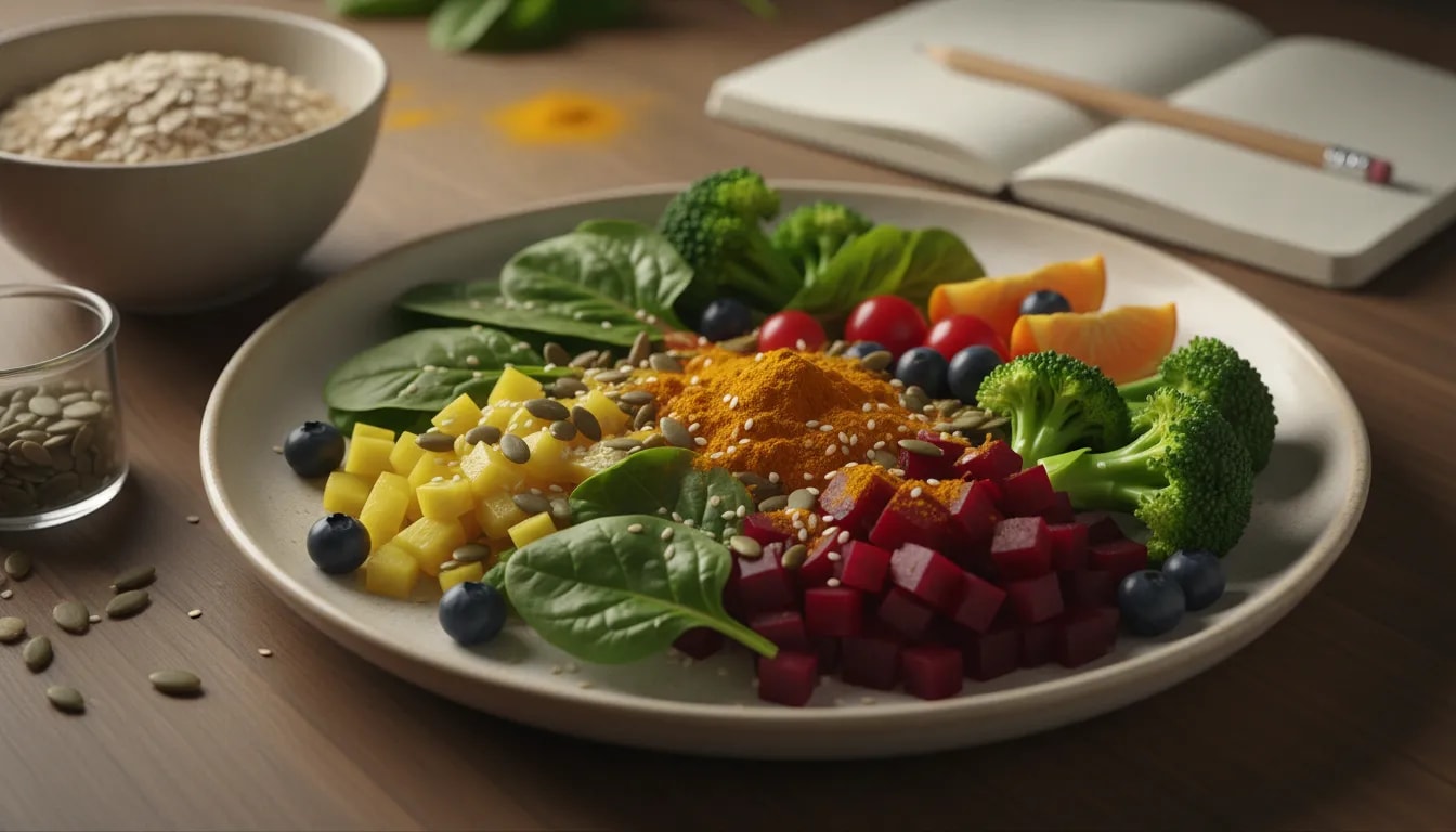 Plato colorido con verduras, fruta y semillas para estudiar con una alimentación variada