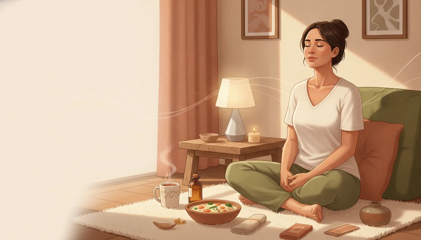 Rutina ayurvédica para equilibrio digestivo y descanso: respiración pausada, bebida tibia y comida ligera en un ambiente sereno