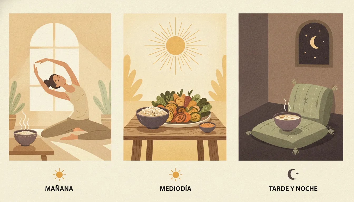 Gráfico ilustrado en tres momentos (mañana, mediodía y tarde-noche) que muestra una rutina diaria según Ayurveda: comida tibia por la mañana, almuerzo principal al mediodía y cena ligera por la tarde-noche