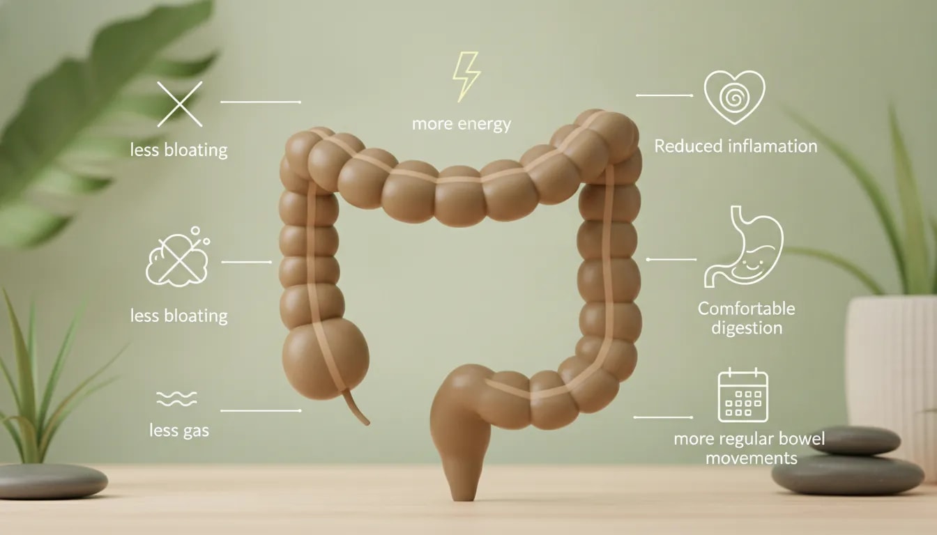 Ilustración que muestra señales de que mejora la microbiota: menos hinchazón y gases, digestiones cómodas, evacuaciones regulares, más energía y menor inflamación.