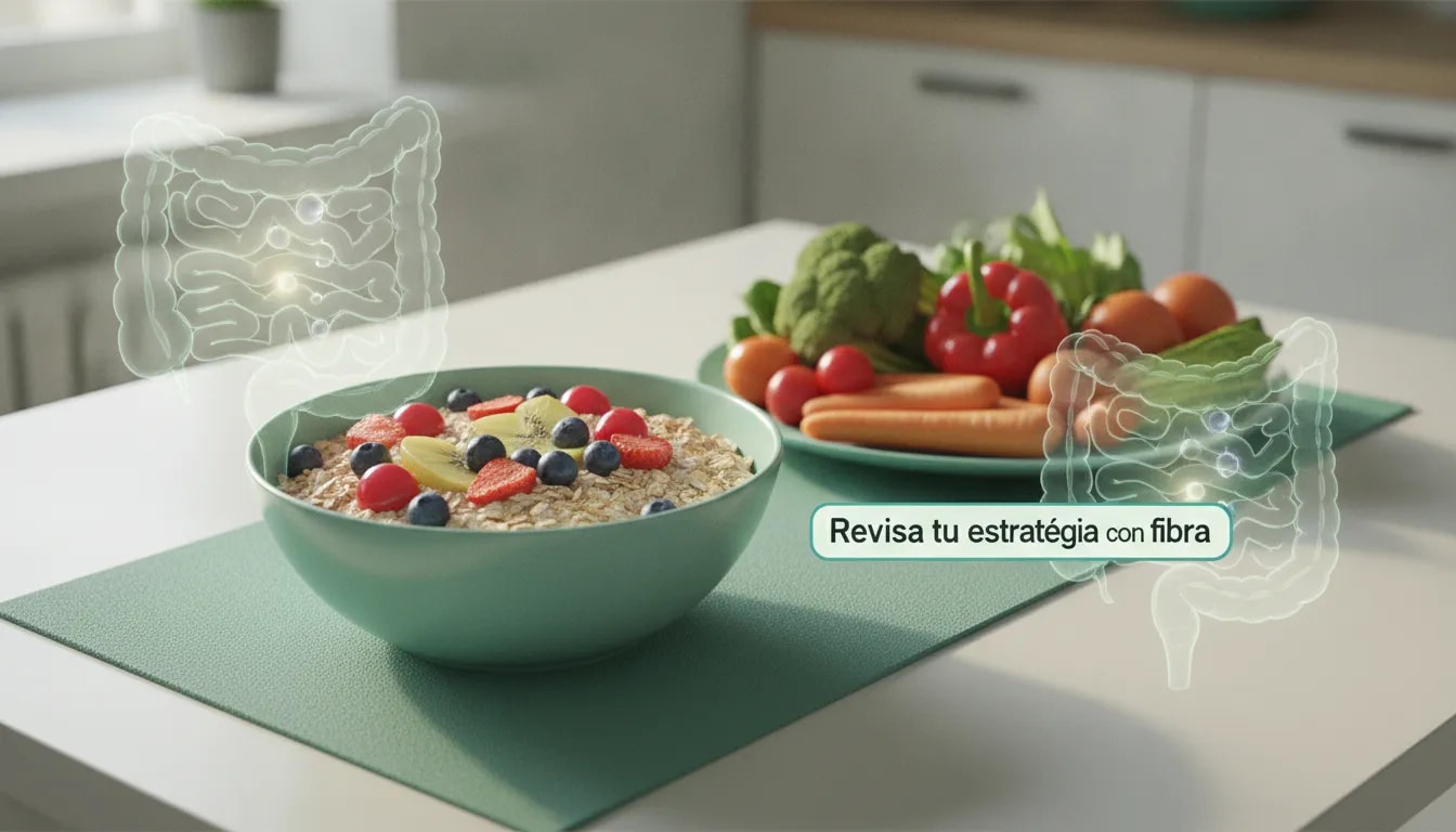Señales de alerta al aumentar la fibra: dieta monótona, gases y estreñimiento mostrados con cuenco de avena y frutas variadas