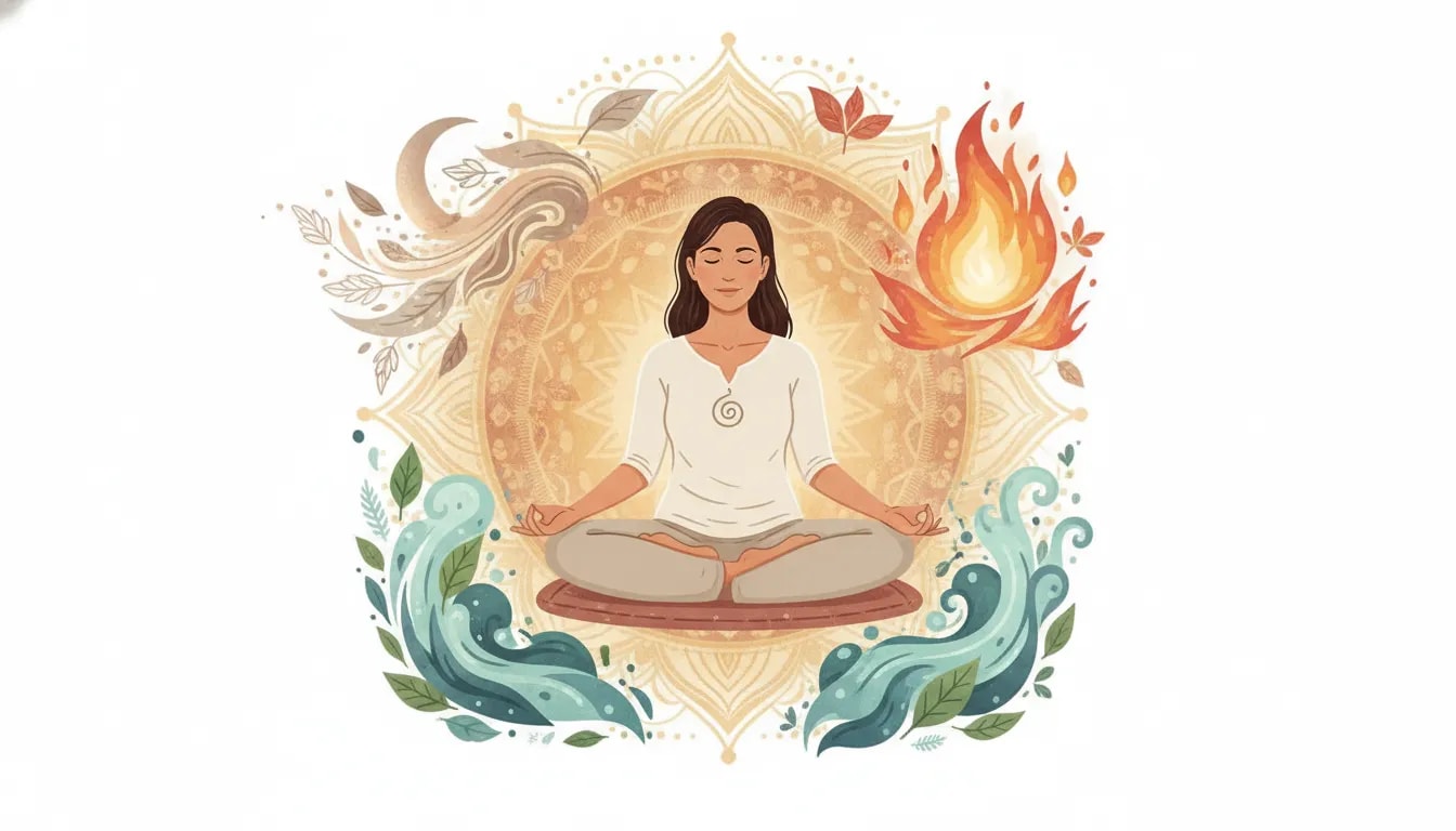Ilustración ayurvédica que muestra cómo los síntomas de la perimenopausia varían según los doshas Vata, Pitta y Kapha, con una mujer en meditación y elementos simbólicos de descanso y equilibrio