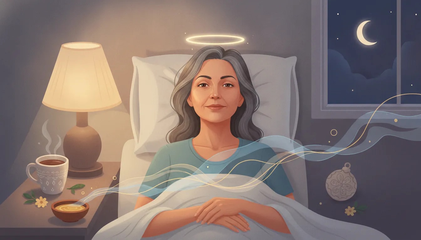 Mujer en perimenopausia descansando de noche con ambiente ayurvédico que representa descanso, reparación y equilibrio del sistema nervioso