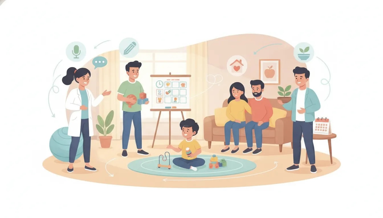 Equipo multidisciplinario coordinando un tratamiento integrado para un niño con autismo junto a su familia