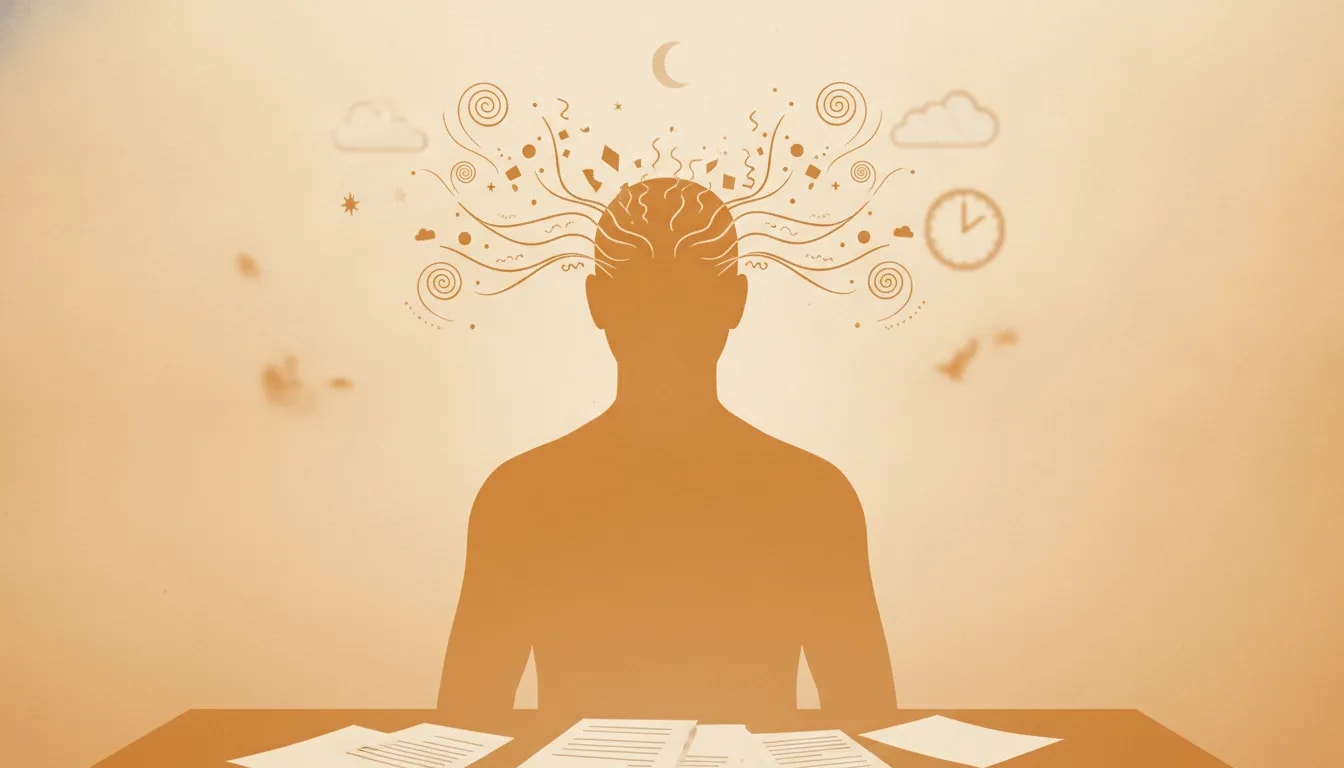Ilustración que simboliza el desequilibrio de Vata con pensamientos dispersos, ansiedad e insomnio para representar falta de enfoque