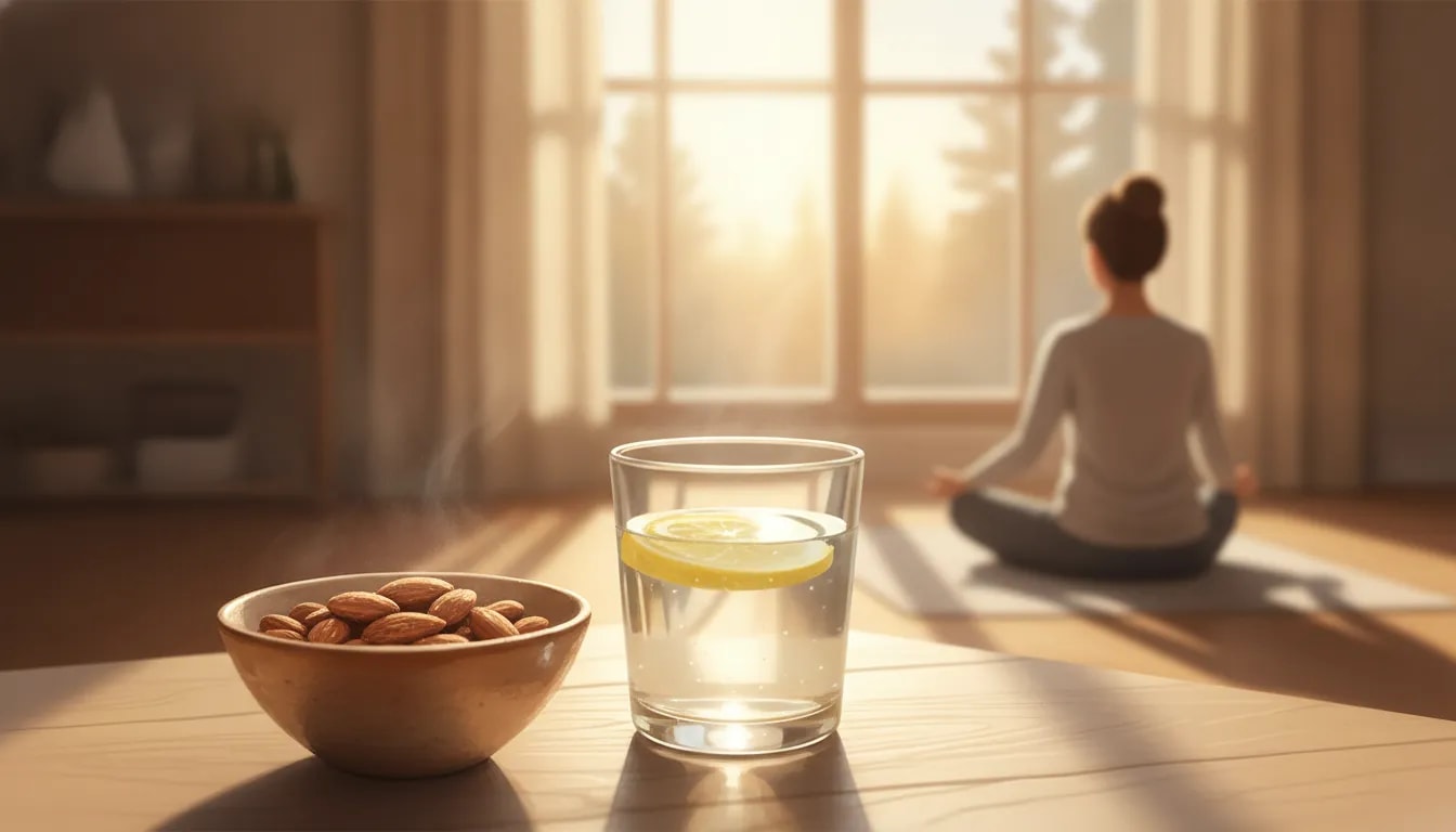 Almendras remojadas y agua tibia con limón en una rutina matinal consciente para entrenar el enfoque y la atención plena