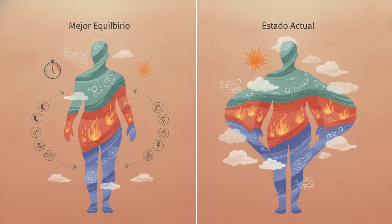 Ilustración ayurvédica que compara constitución (prakriti) y desequilibrio entre Vata, Pitta y Kapha con paneles de equilibrio y estado actual