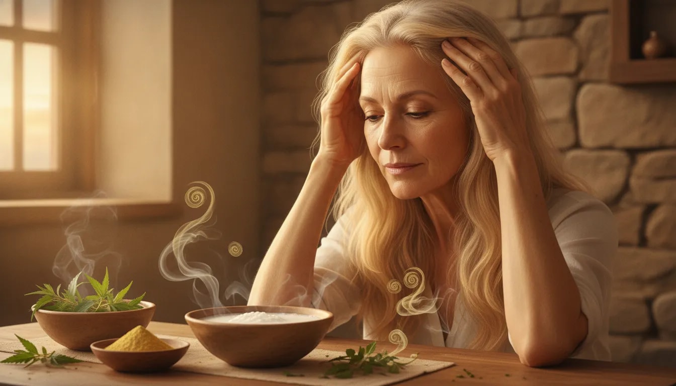 Ilustración ayurvédica serena que muestra a una mujer cuidando su cuero cabelludo con aceites y hierbas, simbolizando equilibrio, nutrición y calma para la caída del cabello en perimenopausia y menopausia.