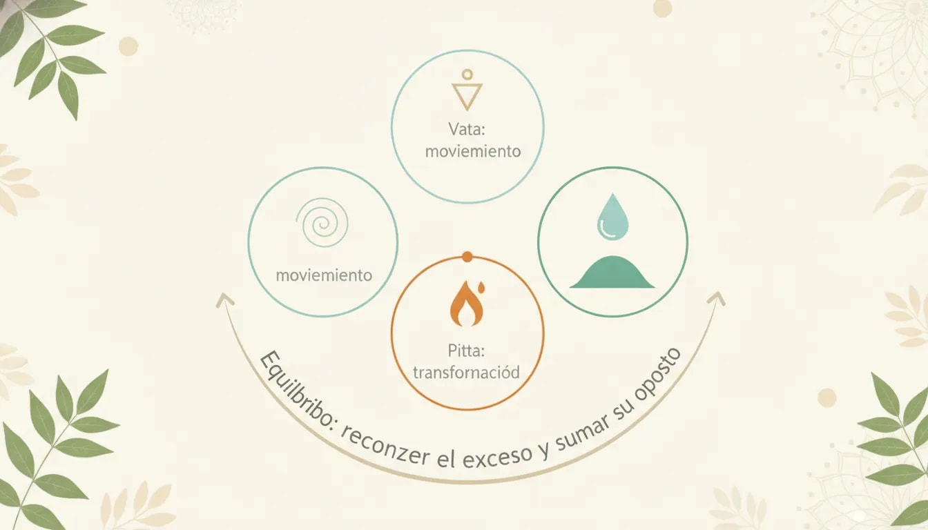Diagrama ayurvédico de los doshas Vata, Pitta y Kapha y el principio de equilibrio por opuestos
