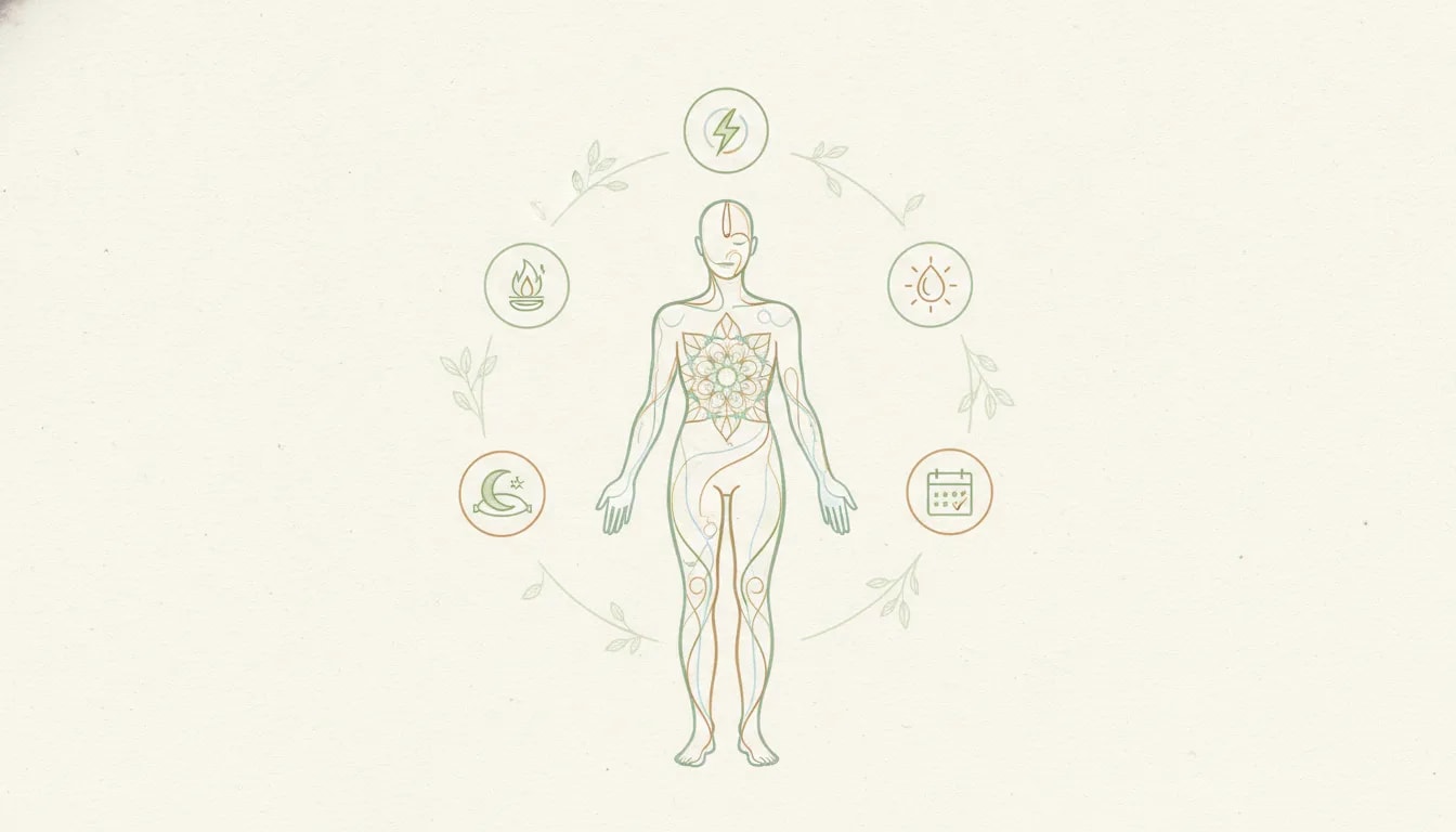 Ilustración ayurvédica que representa prevenir desequilibrios antes de que se manifiesten: digestión, energía, claridad mental y descanso