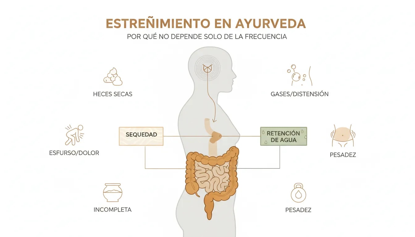 Ilustración ayurvédica del colon con señales de estreñimiento (heces secas, esfuerzo, evacuación incompleta, gases y pesadez) y conexión mente-intestino.