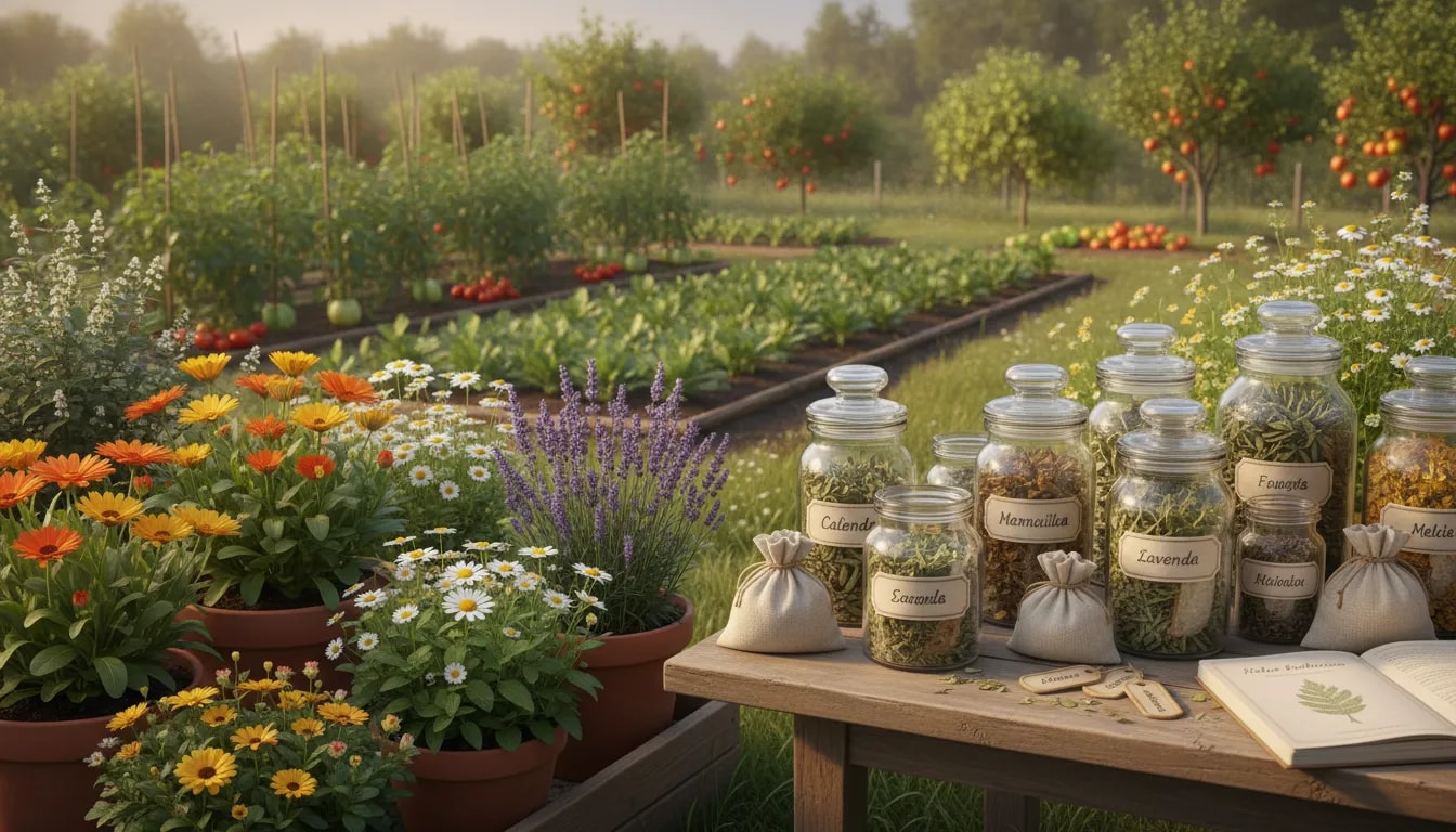 Plantas medicinales en el jardín con frascos de hierbas secas y etiquetas botánicas para una “farmacia” doméstica