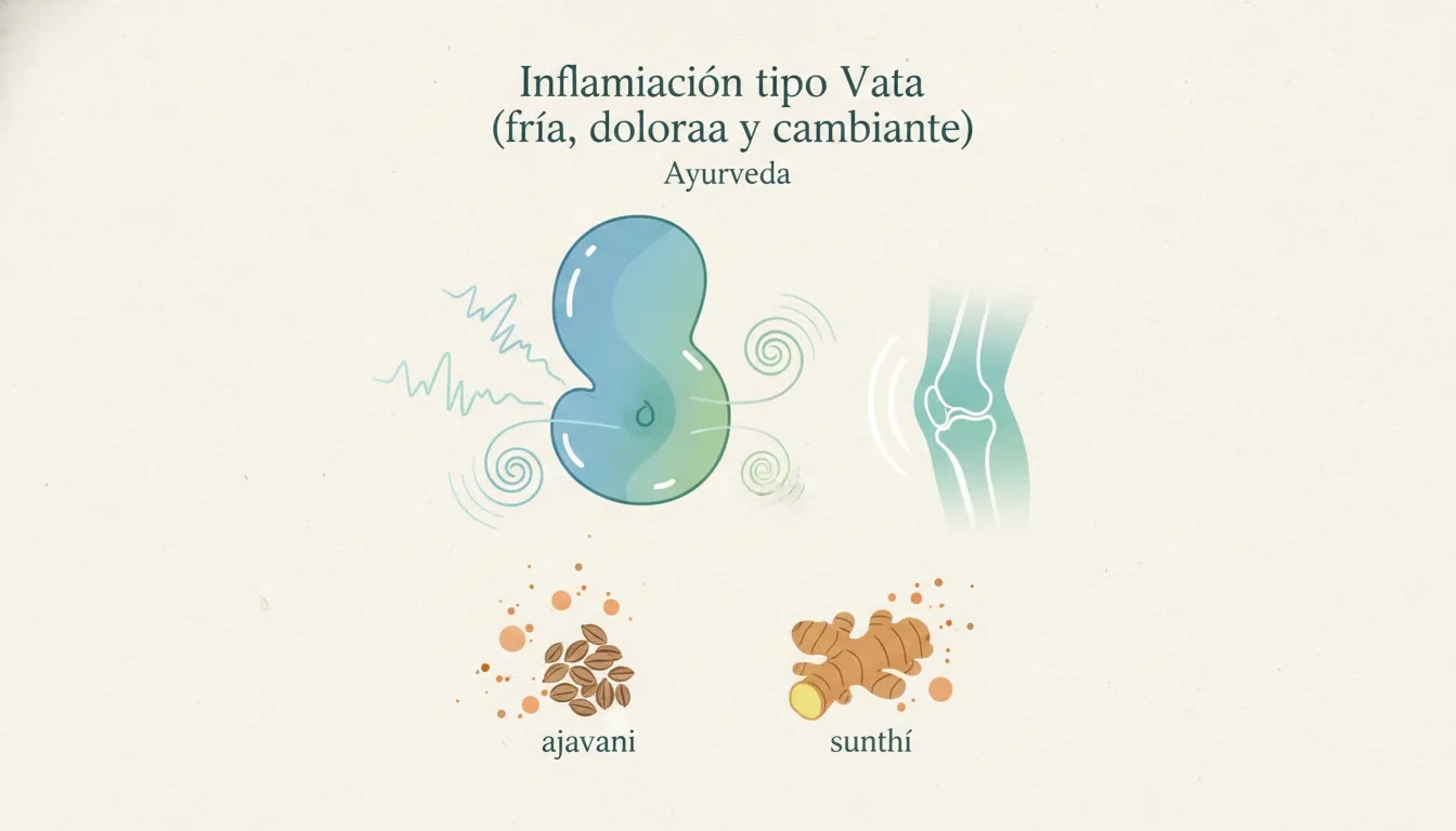 Ilustración Ayurveda de inflamación tipo Vata: hinchazón fría y dolorosa con gases, rigidez articular y semillas de ajwain y jengibre seco