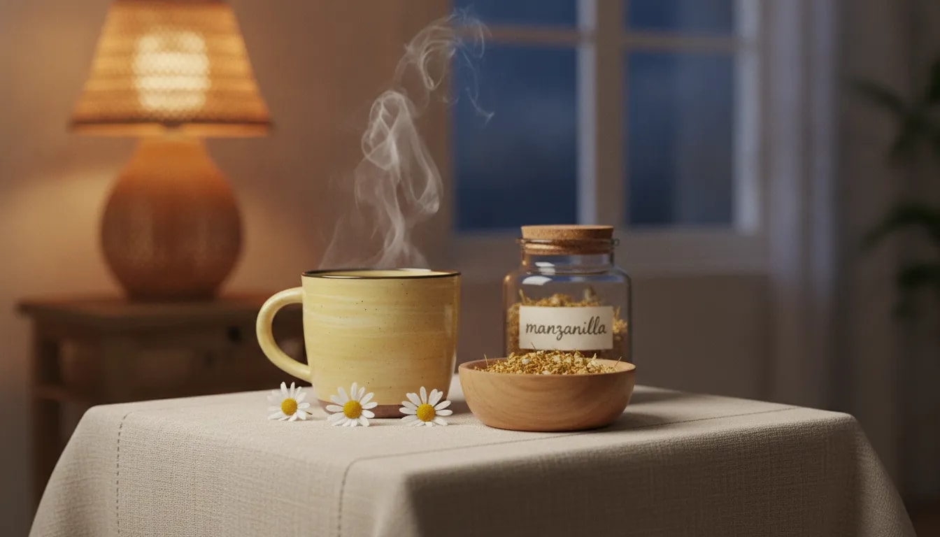 Taza de infusión de manzanilla con flores secas en una mesa de noche, ideal para un ritual antes de dormir