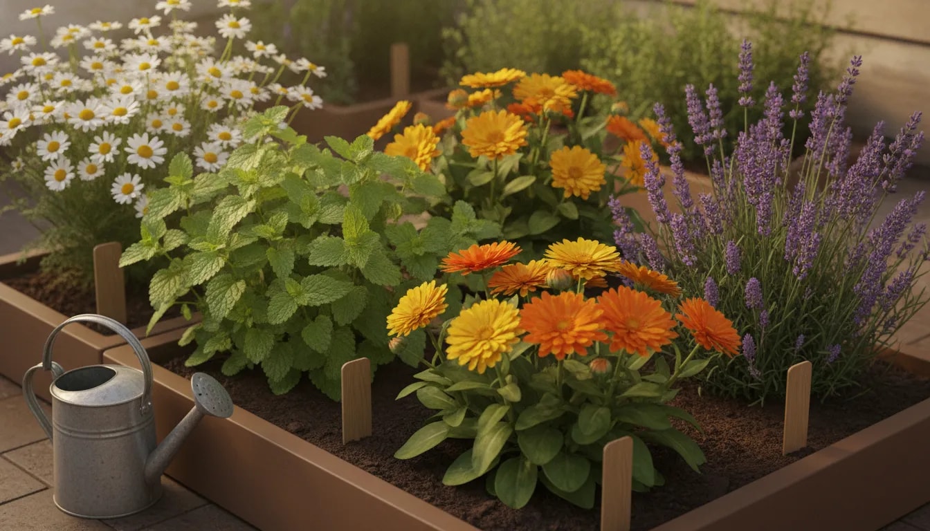 Jardín de plantas medicinales con manzanilla, melisa, caléndula y lavanda en macetas para empezar un huerto casero
