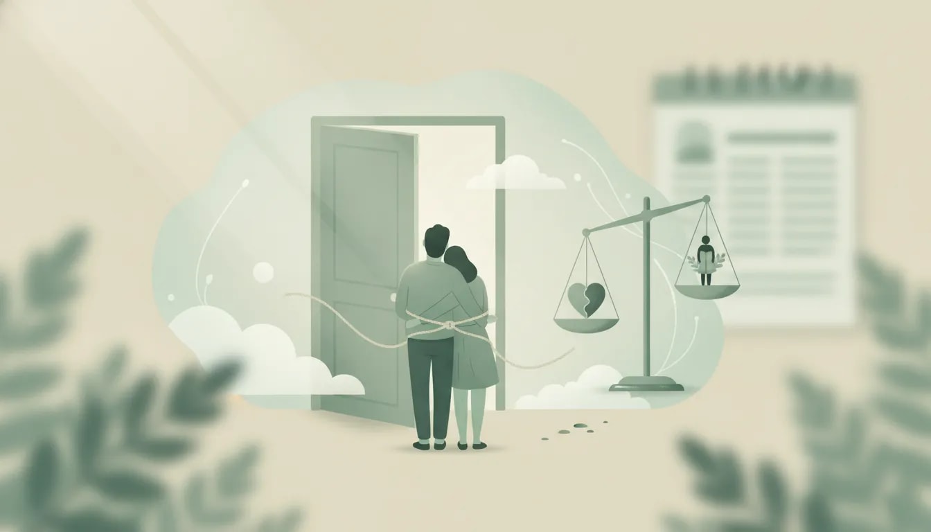 Ilustración simbólica sobre patrones de Kapha en relaciones: apego a volver al pasado y amor propio con límites