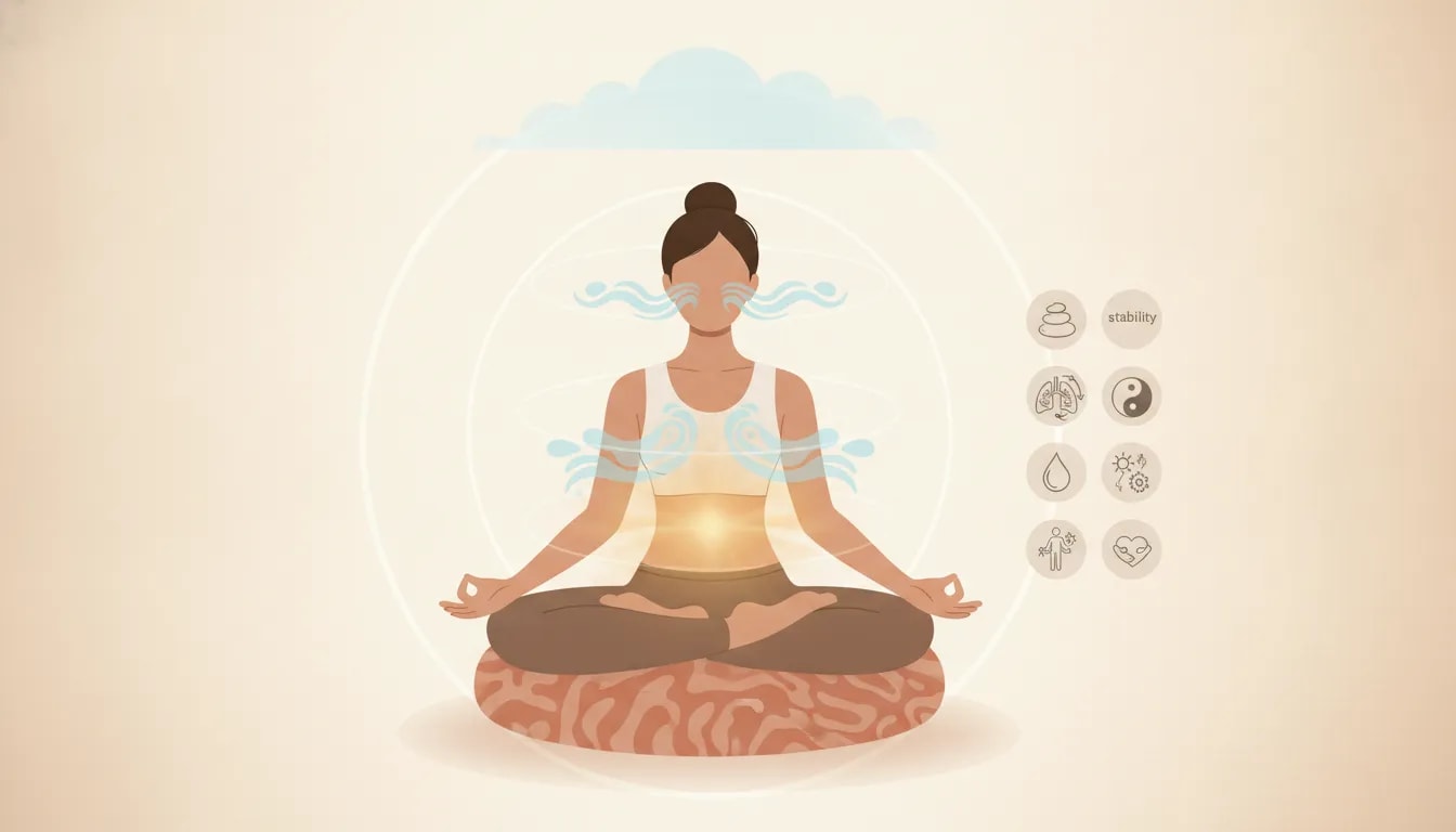 Ilustración de meditación Ayurveda con cinco elementos alrededor del cuerpo y notas de observación post práctica
