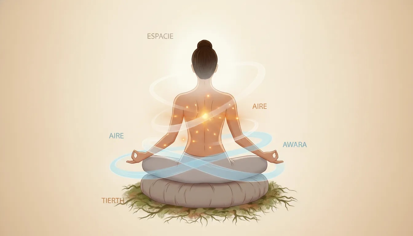 Ilustración de meditación ayurvédica integrada con espacio, aire, fuego, agua y tierra alrededor de una persona sentada