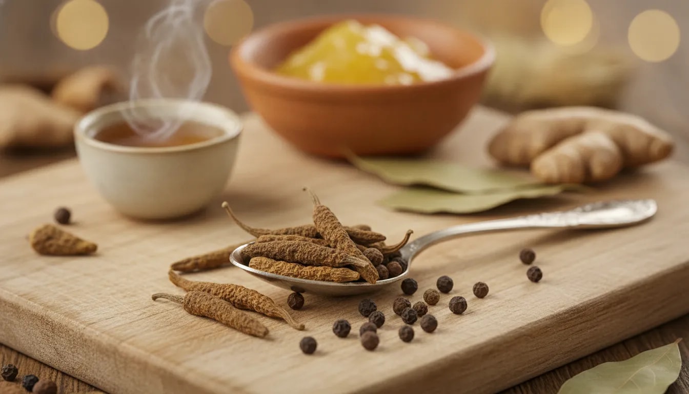 Pippali (pimienta larga) y agua tibia para estimular la digestión según Ayurveda