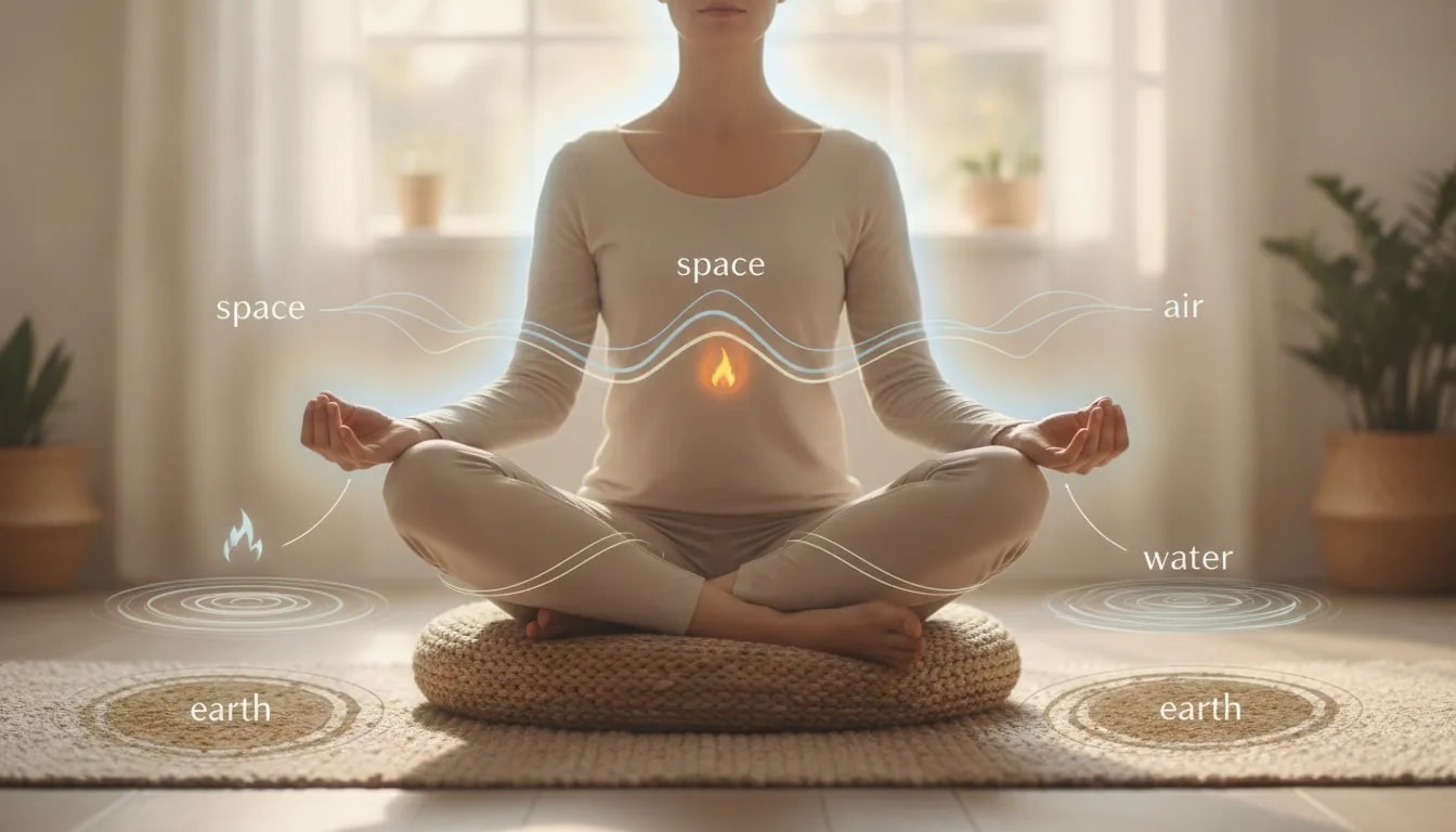 Persona meditando con postura cómoda y entorno tranquilo, con señales sutiles de espacio, aire, fuego, agua y tierra