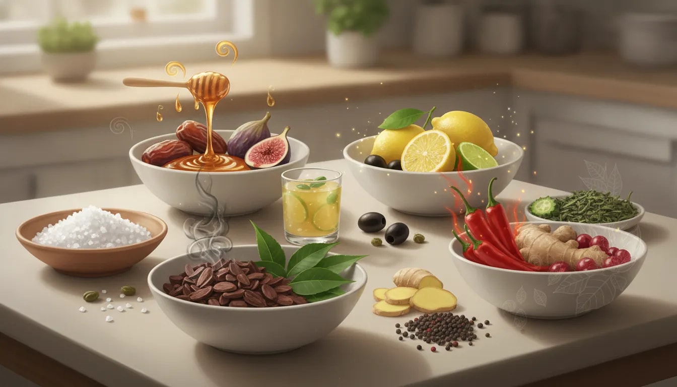 Seis sabores ayurvédicos (dulce, ácido, salado, amargo, picante y astringente) representados con ingredientes naturales en una mesa