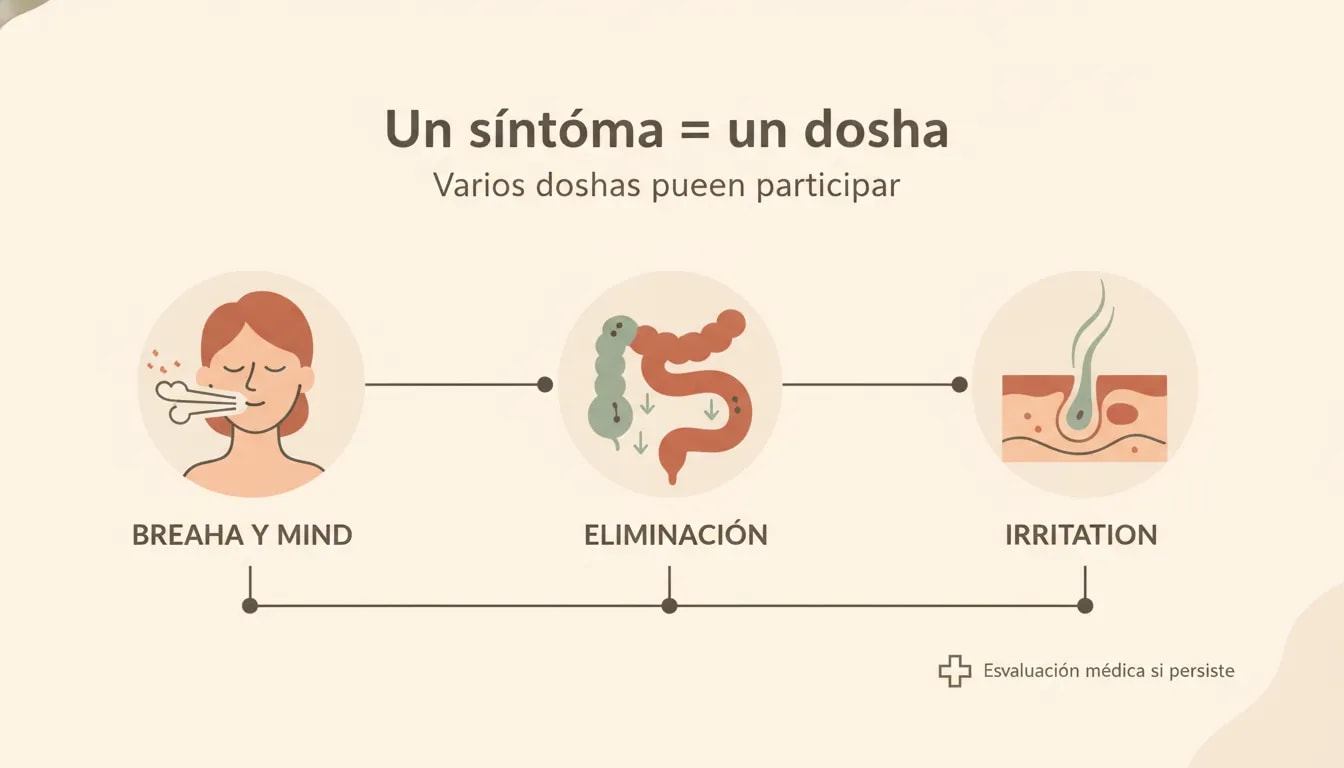 Ilustración ayurvédica que explica que un síntoma como dolor, evacuación irregular o irritación de piel no determina un solo dosha y puede requerir evaluación médica.