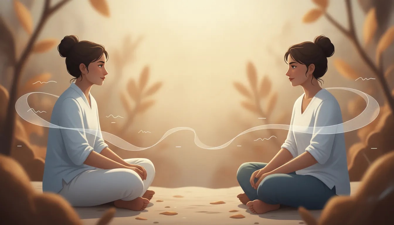 Ilustración de Vata en relaciones con aire y movimiento etéreo alrededor de dos personas frente a frente