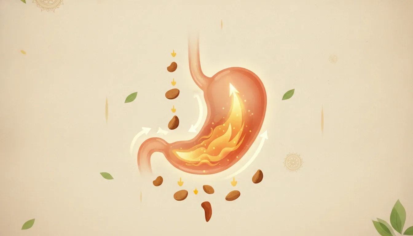 Ilustración sobre Agni (fuego digestivo) en Ayurveda: estómago estilizado con luz cálida y flujo de transformación digestiva