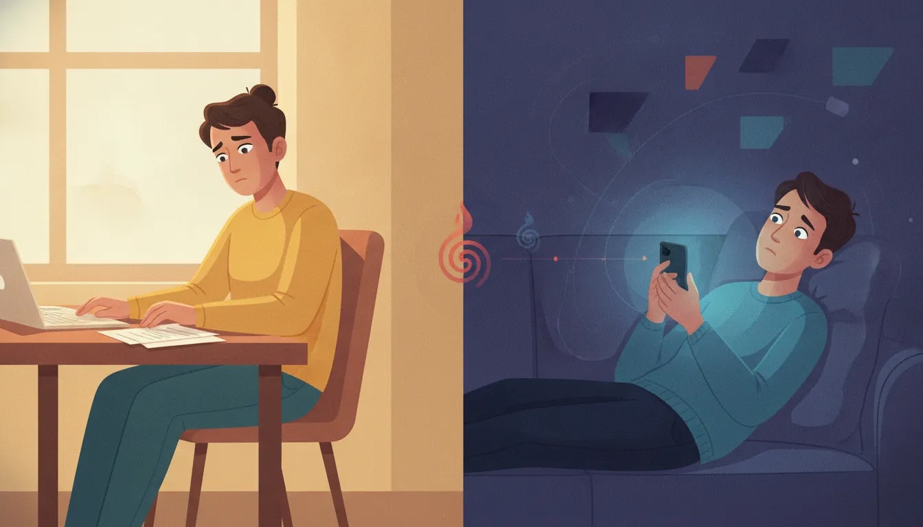 Persona agotada durante el día y con la mente acelerada por el celular de noche, simbolizando descanso insuficiente según Ayurveda