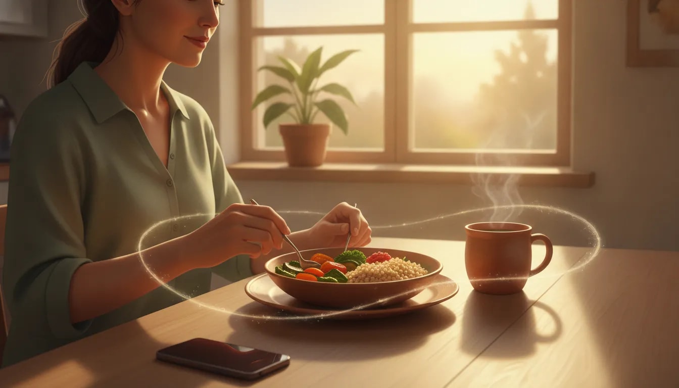 Persona comiendo con calma en un ambiente sereno, símbolo de cómo el Ayurveda entiende la alimentación más allá del plato