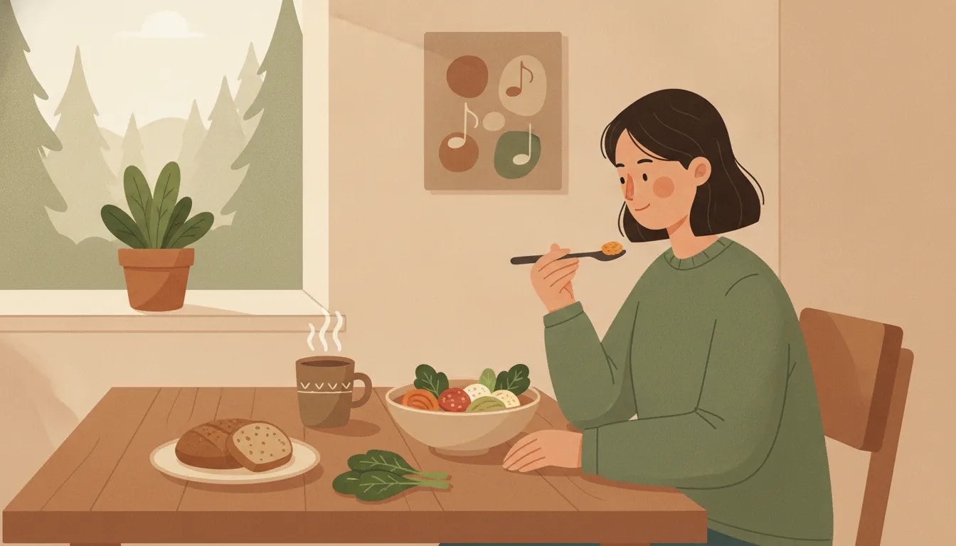 Persona comiendo con atención y calma, aplicando rasa en la vida cotidiana