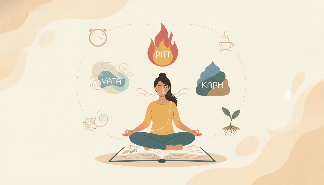 Ilustración de autoconocimiento aplicado en Ayurveda con tres doshas (Vata, Pitta y Kapha) y hábitos cotidianos como ritmo, descanso y respiración consciente